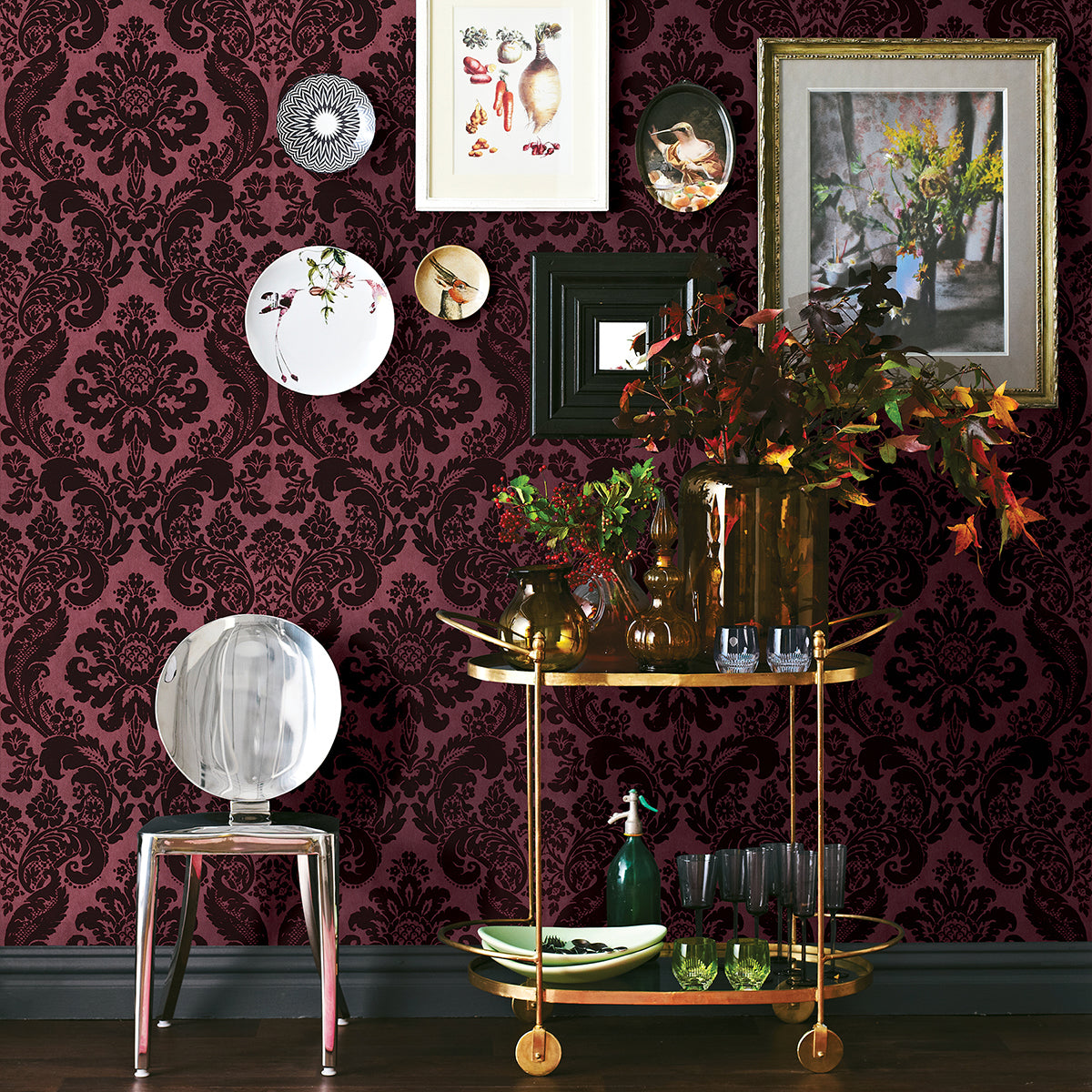 2763-87315 Shadow Merlot Flocked Damask Wallpaper By Brewster
