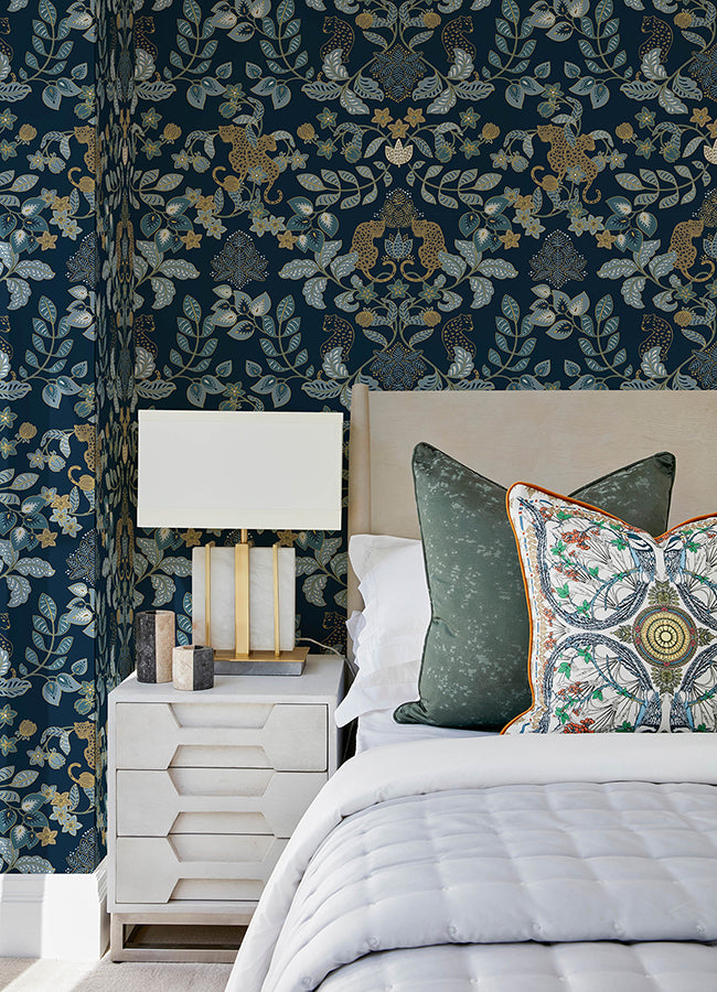 Getty Navy Jungle Damask Wallpaper by Scott Living