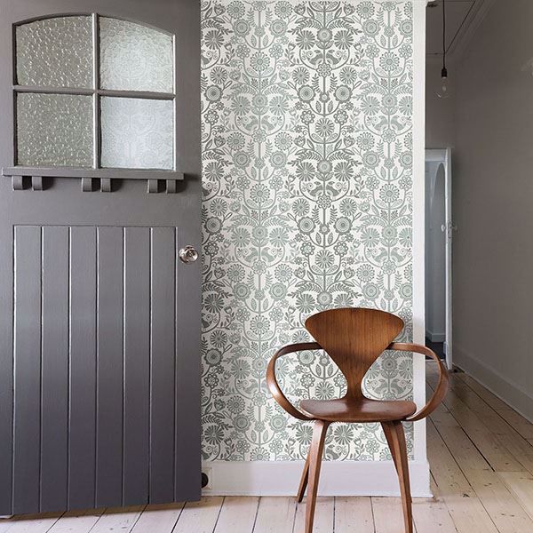 Lovebirds Slate Folk Stripe Wallpaper