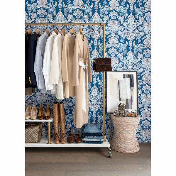 Vera Blue Floral Damask Wallpaper