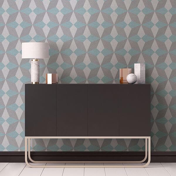 Valiant Aqua Faux Grasscloth Geometric Wallpaper
