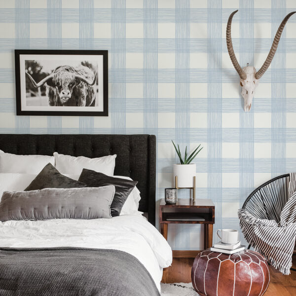 Scarborough Light Blue Striated Plaid Wallpaper