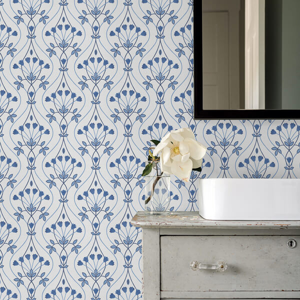 Dard Blue Tulip Ogee Wallpaper