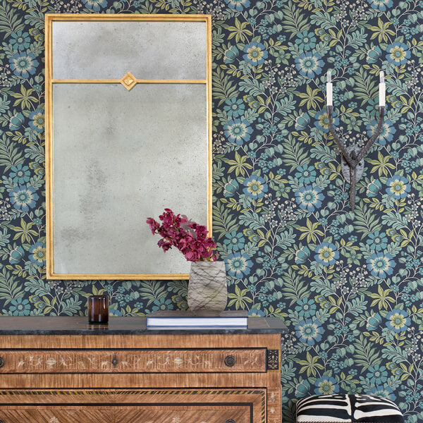 Voysey Navy Floral Wallpaper