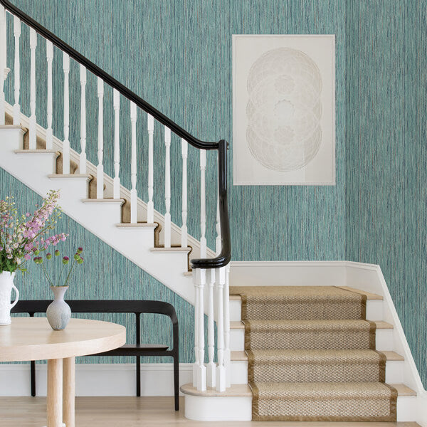 Justina Teal Faux Grasscloth Wallpaper