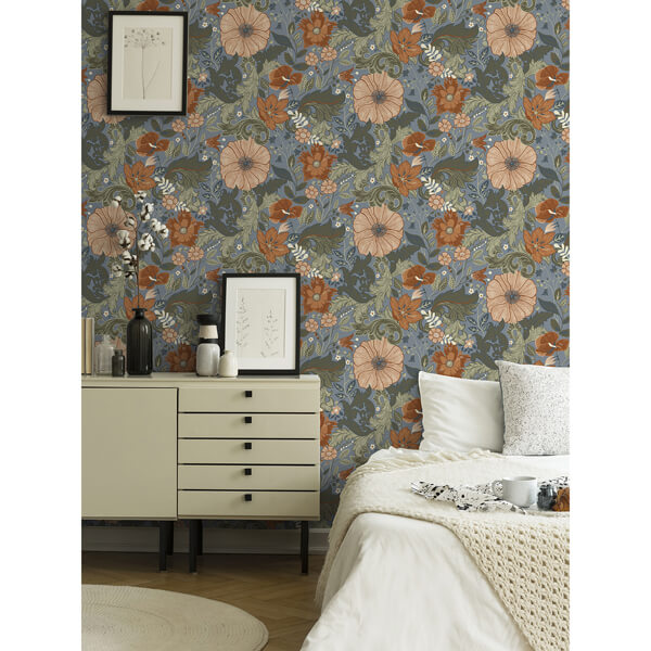 Victoria Blue Floral Nouveau Wallpaper