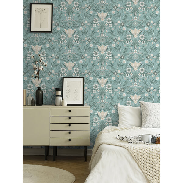 Ostanskar Turquoise Retro Floral Wallpaper