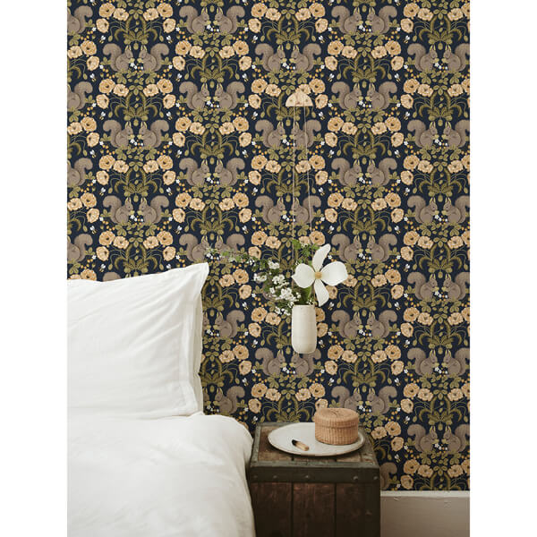 Kurre Dark Blue Woodland Damask Wallpaper