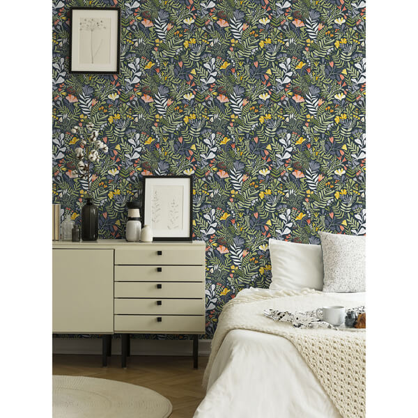 Brittsommar Navy Blue Woodland Floral Wallpaper
