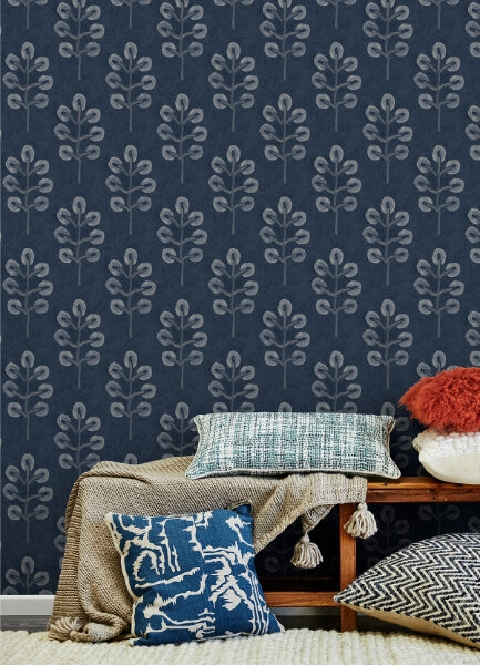 Plum Tree Dark Blue Botanical Wallpaper