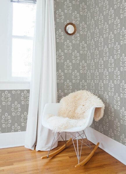Plum Tree Grey Botanical Wallpaper
