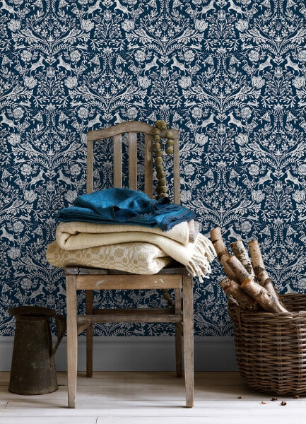 Forest Dance Navy Damask Wallpaper