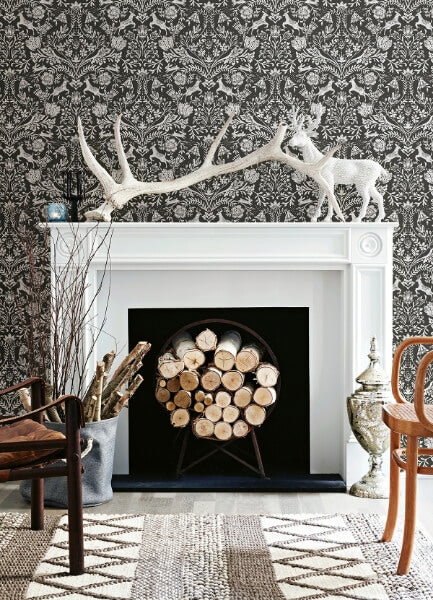 Forest Dance Charcoal Damask Wallpaper
