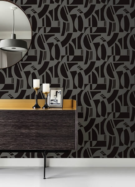 Carter Black Geometric Flock Wallpaper