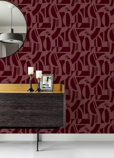 Carter Burgundy Geometric Flock Wallpaper