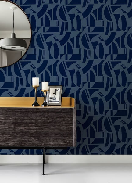 Carter Indigo Geometric Flock Wallpaper
