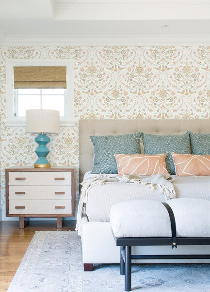 Britt Peach Embroidered Damask Wallpaper