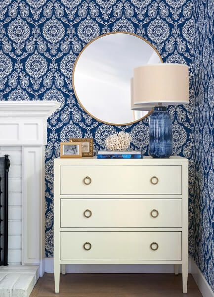 Helm Damask Navy Floral Medallion Wallpaper