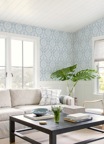 Helm Damask Light Blue Floral Medallion Wallpaper