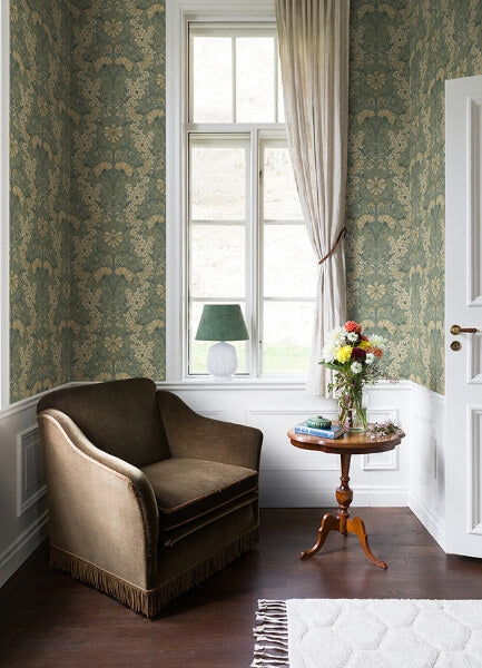 Ojvind Sea Green Floral Ogee Wallpaper