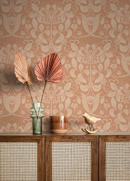 Berit Coral Floral Crest Wallpaper