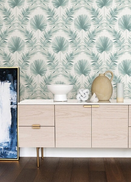 Calla Teal Painted Palm Wallpaper