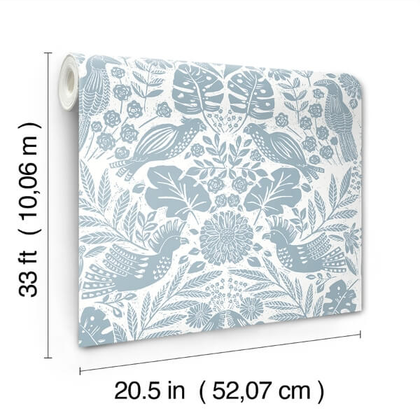 Nestle Blue Bird Block Print Wallpaper