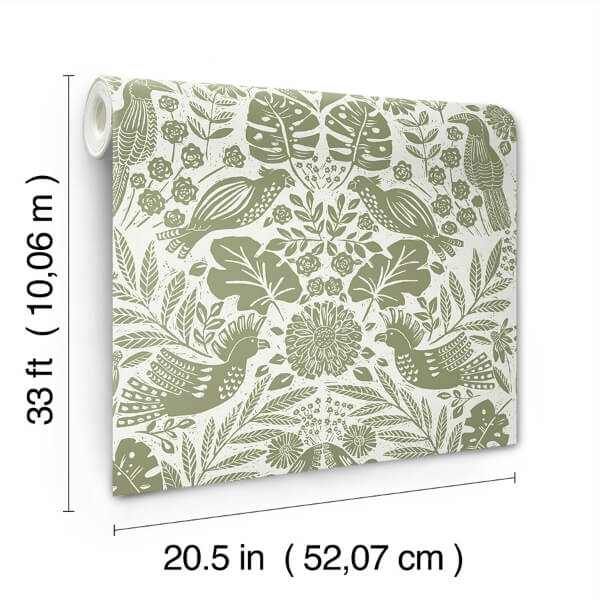 Nestle Green Bird Block Print Wallpaper