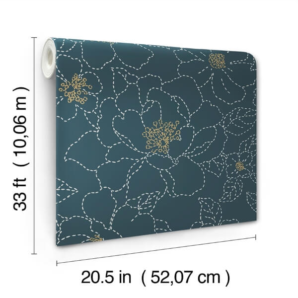 Gardena Indigo Embroidered Floral Wallpaper