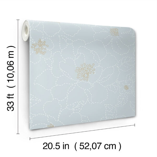 Gardena Sky Blue Embroidered Floral Wallpaper