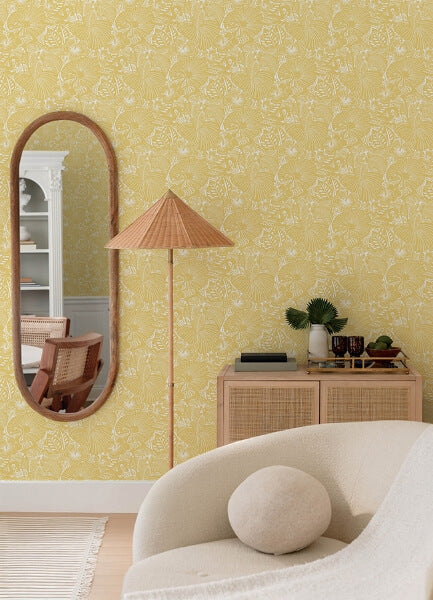 Idalia Yellow Floral Flamingo Wallpaper