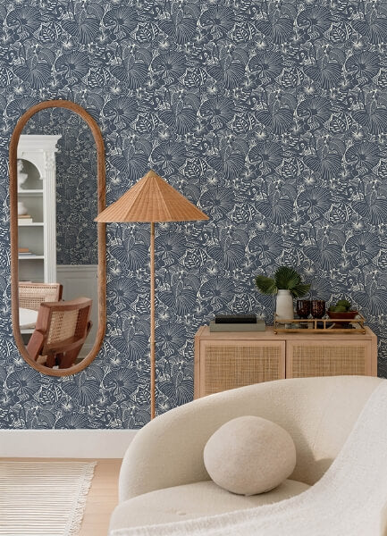 Idalia Navy Floral Flamingo Wallpaper