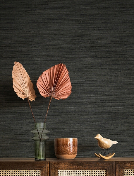 Sheehan Black Faux Grasscloth Wallpaper