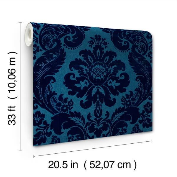 Shadow Blue Flocked Damask Wallpaper