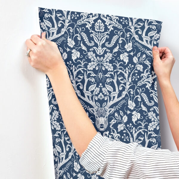 Kiwassa Navy Antler Damask Wallpaper