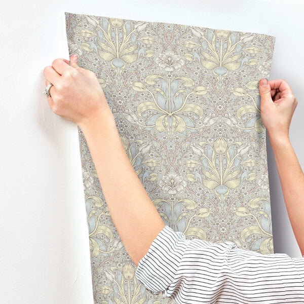 Spring Thicket Light Blue Tulip Damask Wallpaper