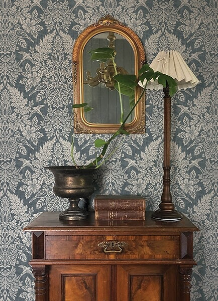 Finch Blue Woodland Damask Wallpaper