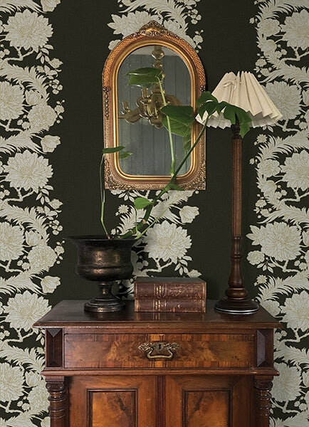 Gisela Black Floral Columns Wallpaper