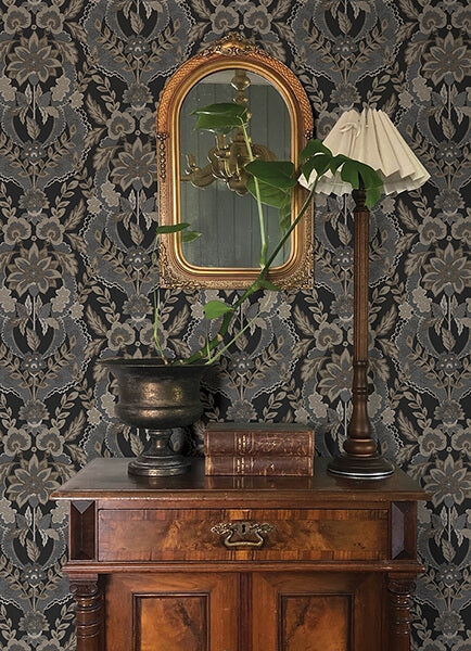 Collins Charcoal Damask Wallpaper
