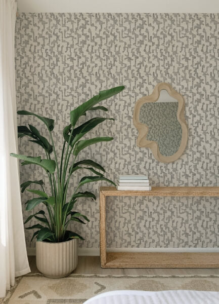 Cipher Black Geometric Faux Grasscloth Wallpaper