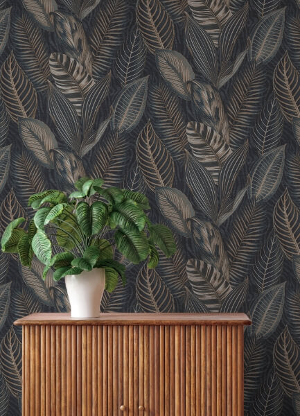 Acacius Dark Blue Tropical Foliage Wallpaper