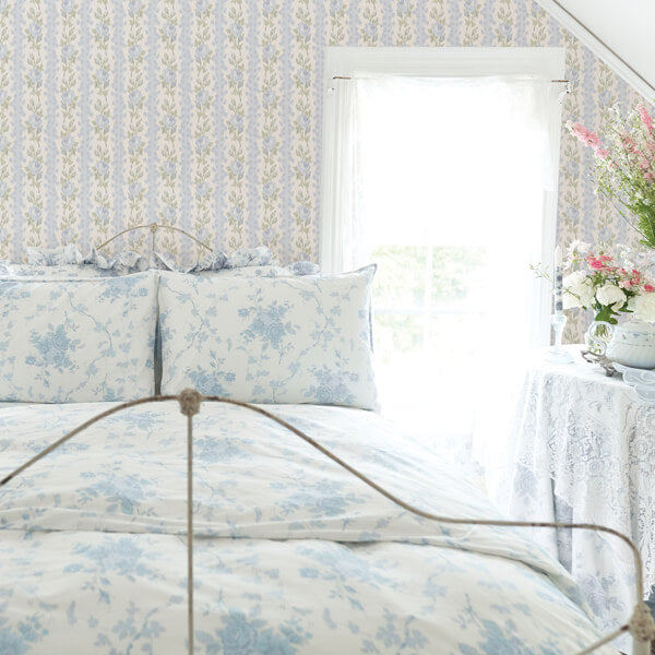 Blooming Heirloom Blue Romance Rose Stripe Wallpaper
