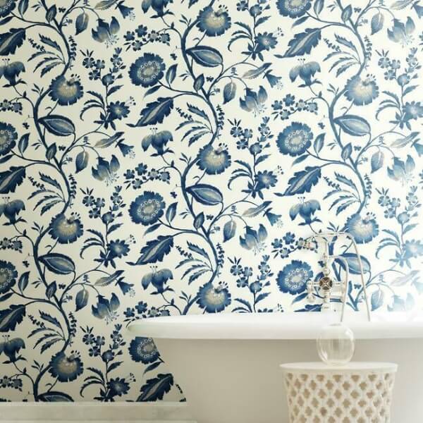 Watercolor Jacobean Blue & White Wallpaper