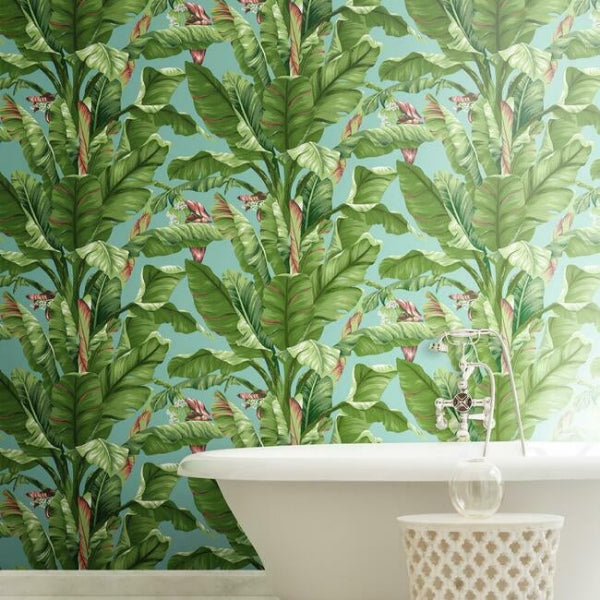Banana Leaf Aqua & White Wallpaper