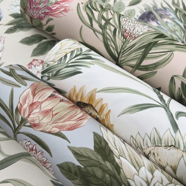 Protea Cream & Blue Wallpaper