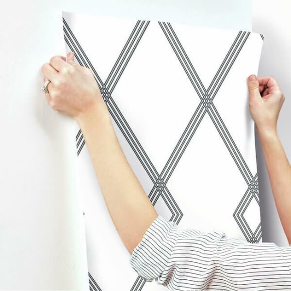 Ribbon Stripe Trellis White & Black Wallpaper
