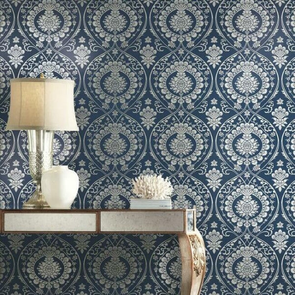 Imperial Damask Navy & Silver Wallpaper
