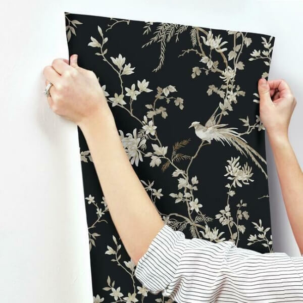 Bird & Blossom Chinoserie Black Wallpaper
