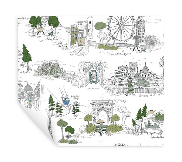 Travel Sketches Blue Globetrotter Premium Peel + Stick Wallpaper