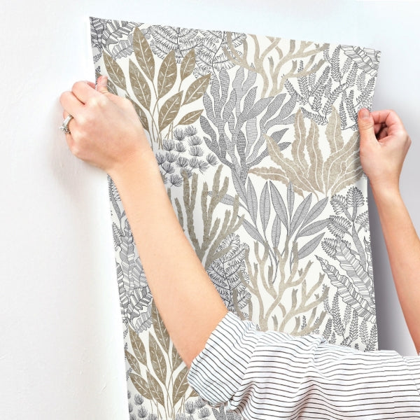 Coral Leaves Taupe & Black Wallpaper